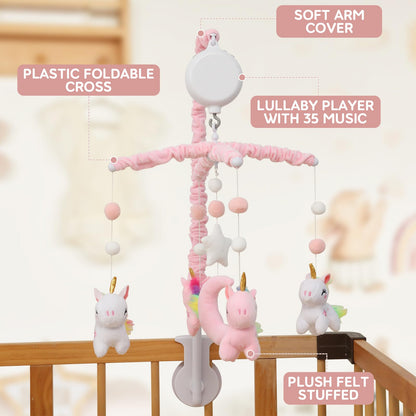 Baby Crib Mobile - Unicorn Crib Mobile for Girls with 28 Inches Mobile Arm and 35 Lullabies Musical Box, 3 Modes Digital, Volume Control, Essential Gift for Infant Bedroom Hanging Decor