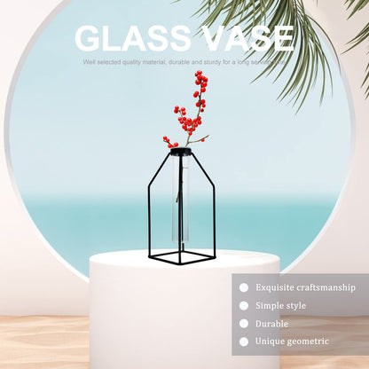 ULTNICE Hydroponic Glass Vase with Wrought Iron Frame 9.44X3.93X3.54In Office Plant Decor Modern Minimalist Planter Terrarium Container