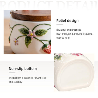 Salt Cellar, 13.5 oz Ceramic Salt Cellar with Lid and Spoon - Strawberry 3D Relief Design Seasoning Jar with Acacia Wood Lid, Suitable for Salt, Sugar, Pepper - Kitchen Countertop Storage Container