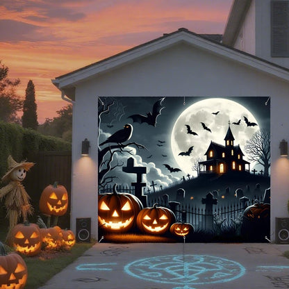 Halloween Garage Door Decorations 7 x 8 Ft Hanging Backdrop Horror Moon Night Halloween Garage Door Cover Scary Cemetery Pumpkin Banner Photo Background for Home Spooky Party Wall Window Yard (Black)