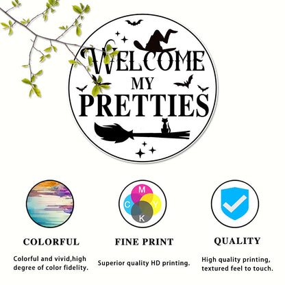 Generic Welcome My Pretties Round Aluminum Sign Halloween Metal Tin Signs Autumn Witch Ghost Pumpkin Wall Decor Sign For Home Kitchen Cafe 8x8 Inch