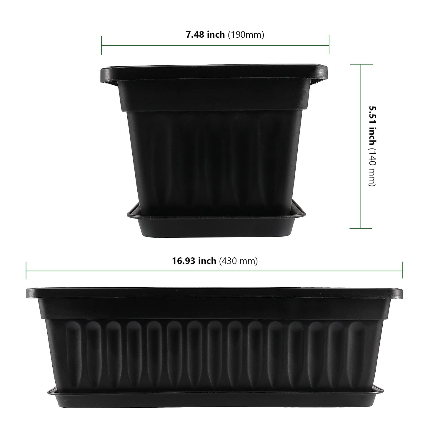 HAKZEON 6 Pack 17 Inches Plastic Flower Box Planters with Trays, Countryside Flower Window Boxes with 30 Plant Labels, Black Rectangular Vegetable Planters for Windowsill, Porch, Balcony, Garden