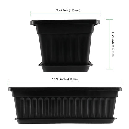 HAKZEON 6 Pack 17 Inches Plastic Flower Box Planters with Trays, Countryside Flower Window Boxes with 30 Plant Labels, Black Rectangular Vegetable Planters for Windowsill, Porch, Balcony, Garden