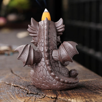 Ceramic Dragon Incense Burner, Cute Dinosaur Backflow Incense Holder with 20 Incense Cones, Tweezers, Mat, Aromatherapy Home Decoration for Spa Yoga Meditation (Brown)