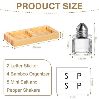 8 Pcs Mini Salt and Pepper Shakers Set with 4 Wood Organizer Sticker 0.5 oz Small Glass Salt and Pepper Shakers Bulk Tiny Individual Salt and Pepper Shakers for Saleros y Pimenteros Para Restaurante