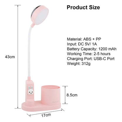 Hacevida Cute Pink Rabbit Lamp for Kids Reading Study - Star Projector/Pen Holder/3 Brightness/Eye Caring, Rechargeable Led Table Desk Lamp for Home Office Dorm Decor, Ideal Birthday Christmas Gifts