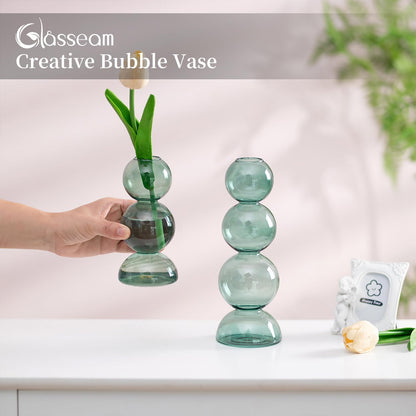 Glassseam Glass Vases for Flowers, Green Bud Vases for Decor, Cute Small Vase, Modern Aesthetic Vase, Unique Round Flower Vase, Decorative Bubble Vases for Centerpieces Wedding Table Decorations