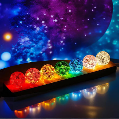 40mm 7 Colors Ice Cracked Glass Crystal Chakra Balls with LED Wooden Base