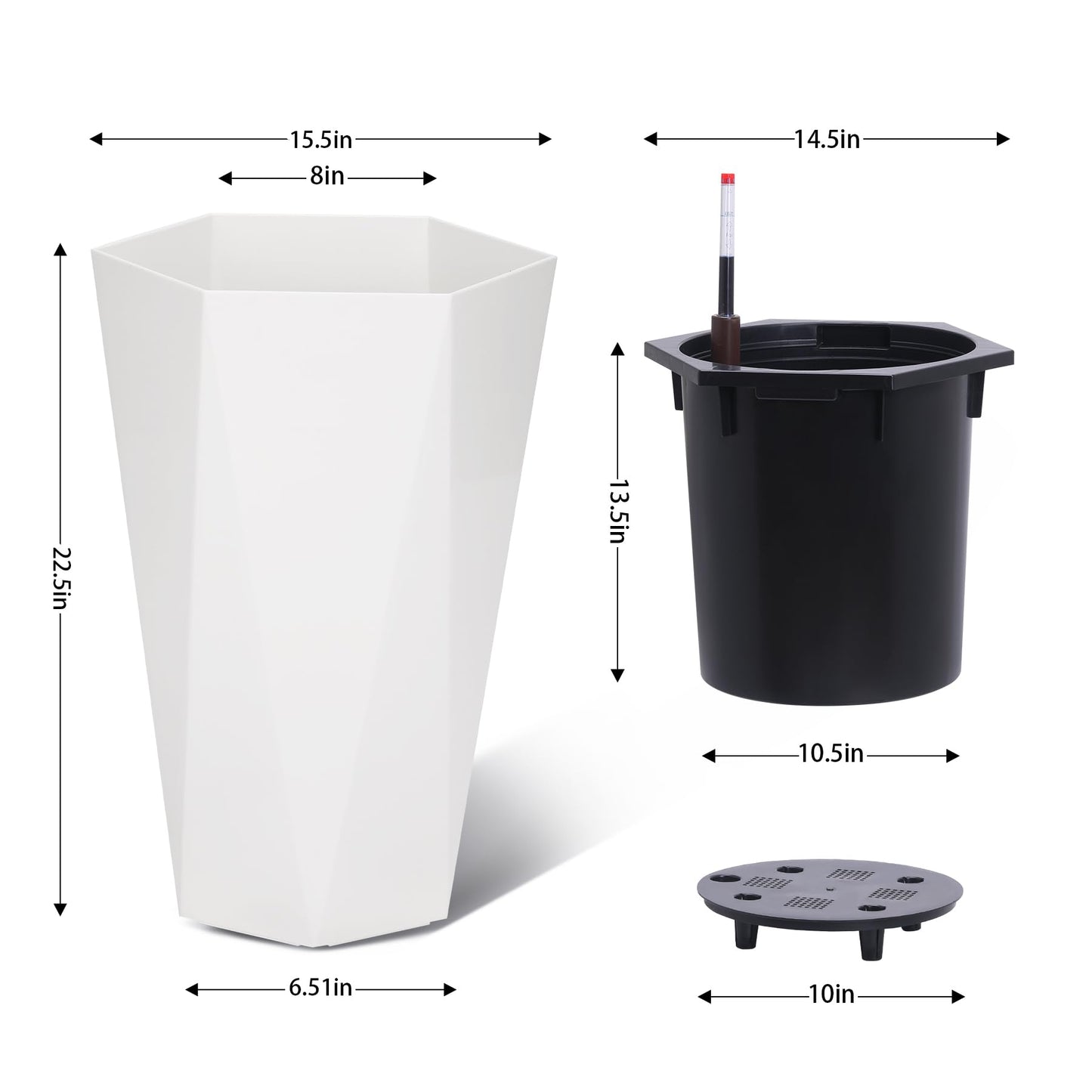 GarveeLife 22.5 in Tall Diamond Planters Set of 2, Self Watering Planters with Water Level Monitor, Flower Pots Outdoor and Indoor for Patio, Porch, Living Room, Home Office, White