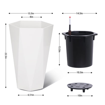 GarveeLife 22.5 in Tall Diamond Planters Set of 2, Self Watering Planters with Water Level Monitor, Flower Pots Outdoor and Indoor for Patio, Porch, Living Room, Home Office, White