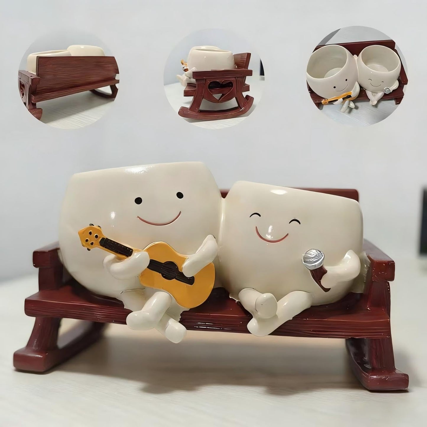ERRSOU Smiley Face Planter Pot, Cute Funny Heart Rocking Chair Double Head Face Planter Pot with Unique Guitar and Microphone for Indoor Outdoor, Succulent Flower Pots with Drainage Hole ﻿