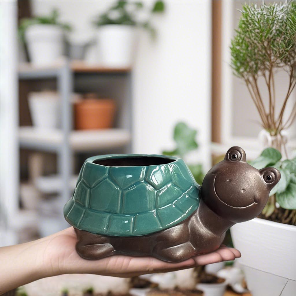 MUZHI Ceramic Bonsai Pot with Bamboo Tray SmilingTurtle Shape, Cute and Funny Animal Plant Pot with Drainage Hole, Art Desk Decorations and Gift