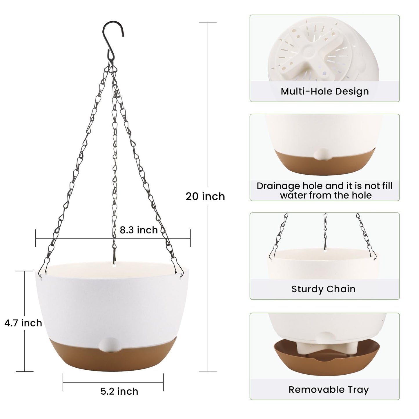 Dovesail 8.3 Inch Hanging Planter, 3 Pack Hanging Plastic Plant Self Watering Pot with Drainage Holes and Saucers, Hanging Baskets Flower Pots for Indoor Outdoor Garden Plants and Flowers-White