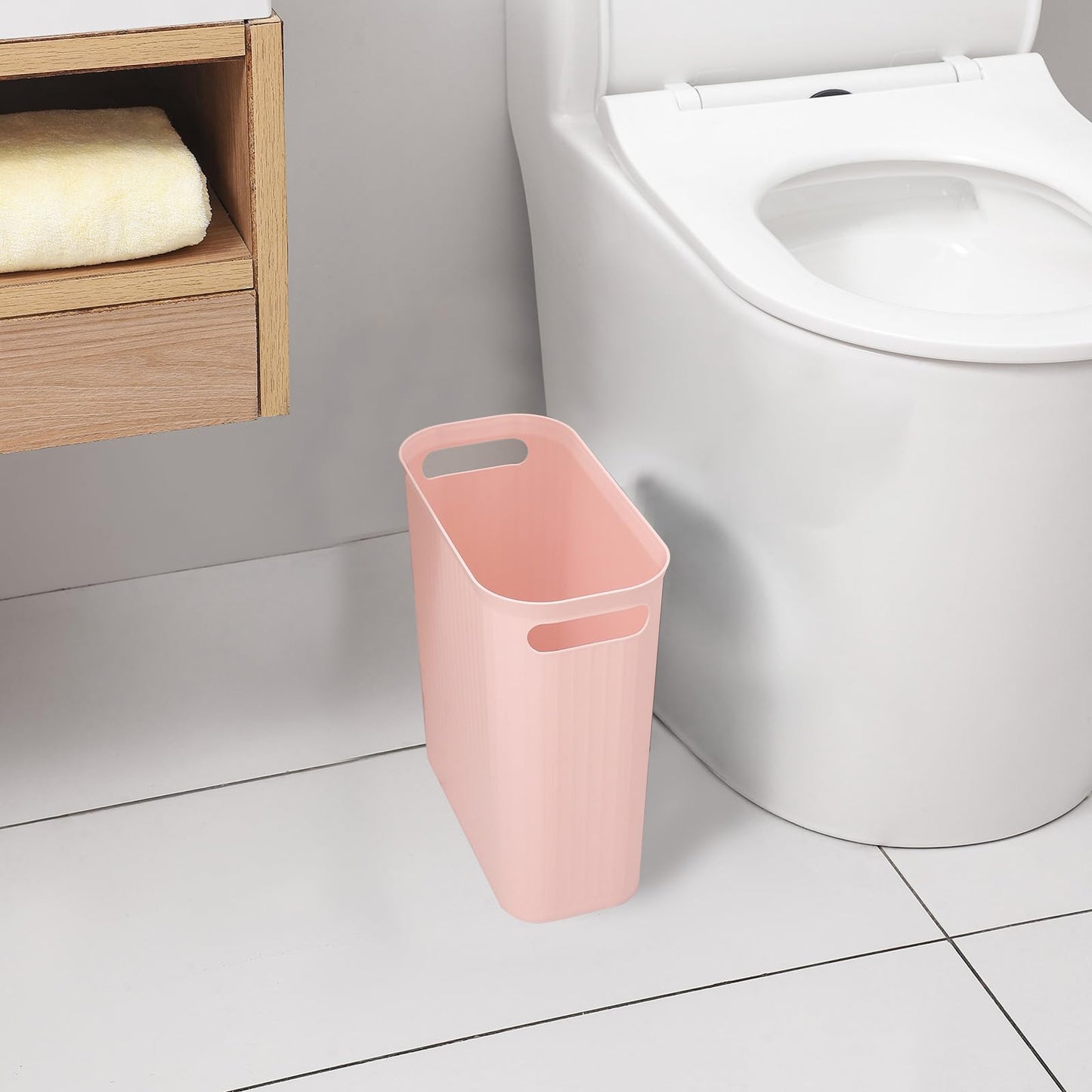 rejomiik Small Trash Can, 3.5 Gallon Garbage Can Slim Waste Basket Plastic Trash Bin Container with Handles for Bathroom, Bedroom, Office, Home, Dorm Room, Kitchen, Rectangular, Rosette Pink