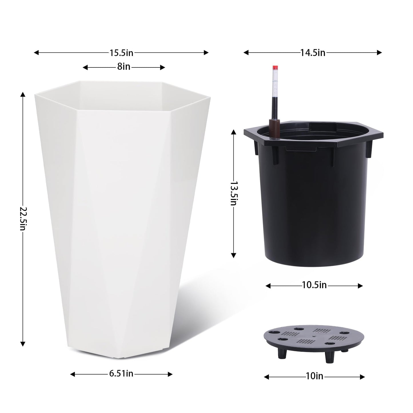 LuyFuitre Set of 2 Tall Planters for Outdoor Plants, 22.5 Inch Tall Planter Pots with Water Level Monitor, Wheels & Inner Bucket for Indoor Outdoor, White