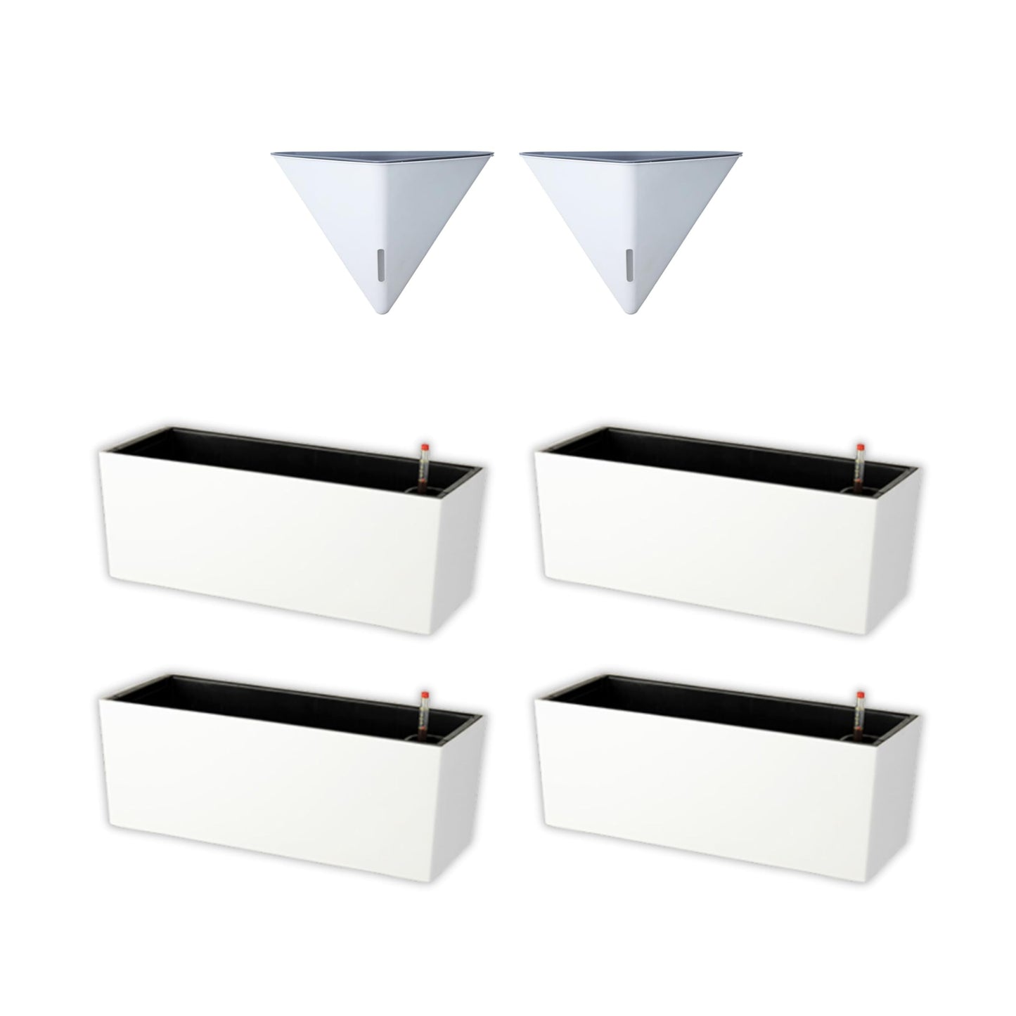 LaLaGreen Bundle- 2 Pack, 12 Inch White Geometric Self Watering Pot + 4 Pack, 20 Inch Rectangular Planter Box Hanging Stylish Modern Wall Mount Flower Succulent Vase Holder Balcony Porch Indoor Decor