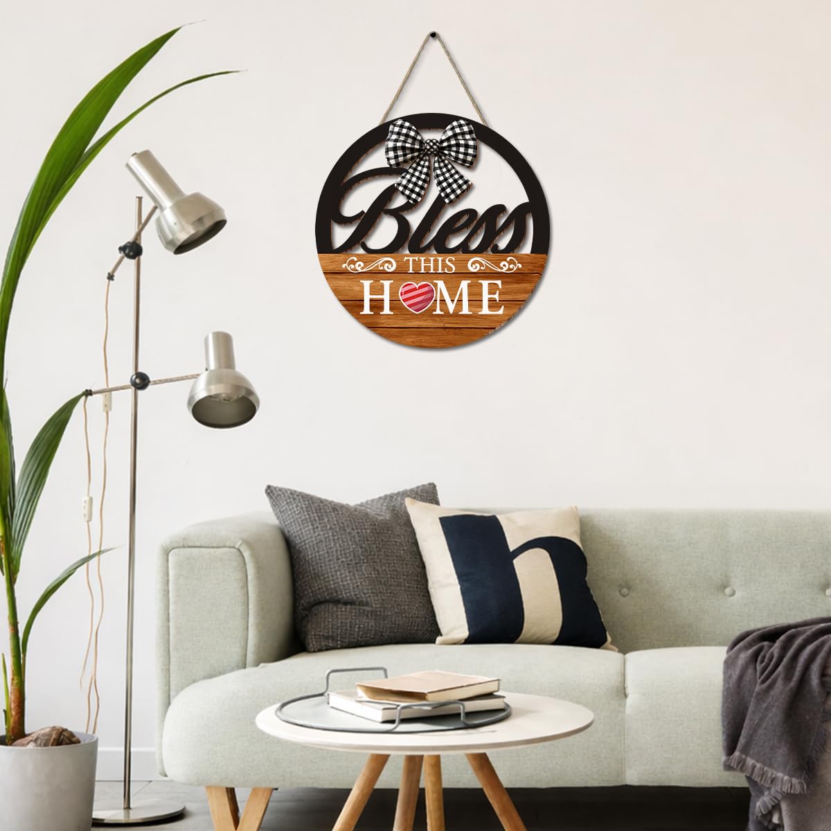 Interchangeable Seasonal Bless This Home Hanging Sign - Farmhouse Front Door Decoration for Spring All Seasons Holidays - Rustic Round Wood Wreaths with 12 Icons(Orange)