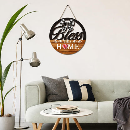 Interchangeable Seasonal Bless This Home Hanging Sign - Farmhouse Front Door Decoration for Spring All Seasons Holidays - Rustic Round Wood Wreaths with 12 Icons(Orange)