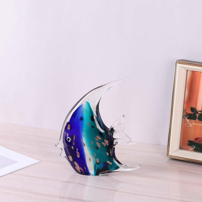 PlivBloom Glass Fish Sculpture – Hand Blown Glass Art, Tropical Fish Figurine, Decorative Ornament, Sea Glass Home Decor, Modern Beach Decor for Living Room, Office, TV Stand, Bathroom (Blue)