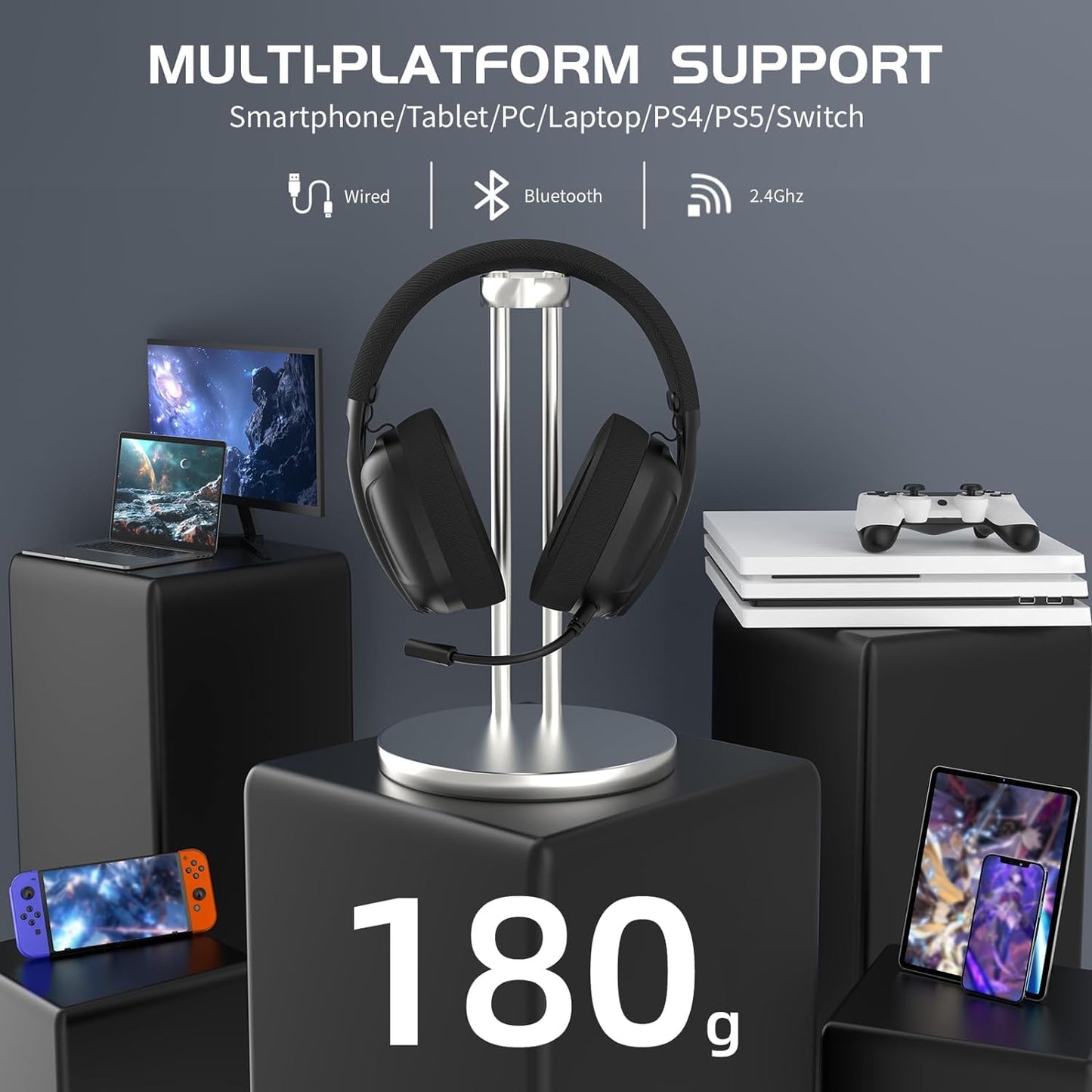 ZIYOU LANG L80 Wireless Gaming Headset Ultralight Over Ear with 2.4Ghz USB C&A Dongle/Bluetooth 5.3/3.5mm Wired Detachable Mic Stereo Sound 600mAh Battery for PC Mac PS4 PS5 Switch Win Gamer(Black)