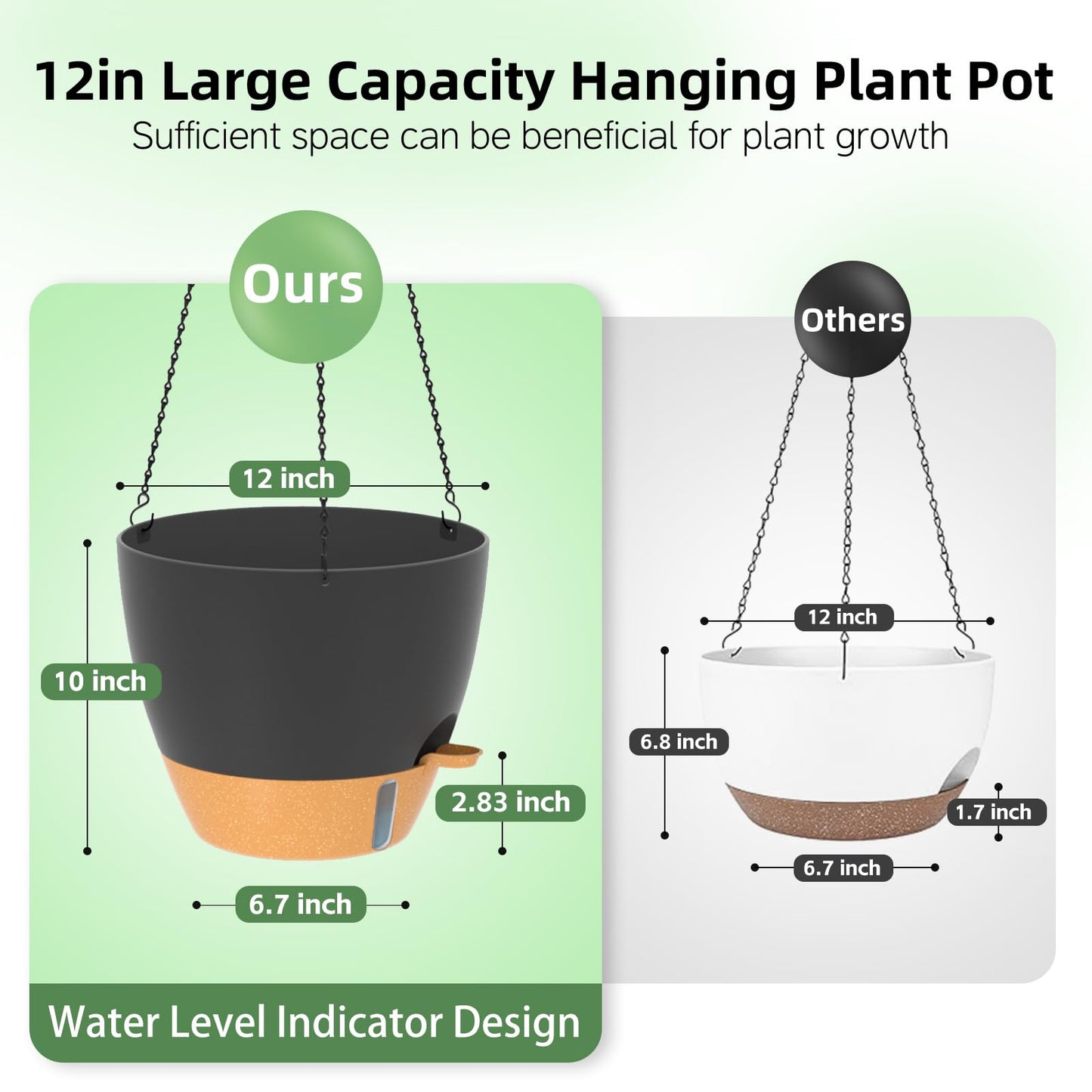 ZMTECH 12 Inch Large Self Watering Hanging Planters for Indoor Outdoor Plants - Water Level Indicator & Removable 60 Oz Reservoir, 1 Pack Plastic Hanging Basket for Window Porch Garden Balcony, Black
