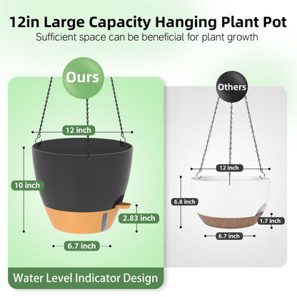 ZMTECH 12 Inch Large Self Watering Hanging Planters for Indoor Outdoor Plants - Water Level Indicator & Removable 60 Oz Reservoir, 1 Pack Plastic Hanging Basket for Window Porch Garden Balcony, Black