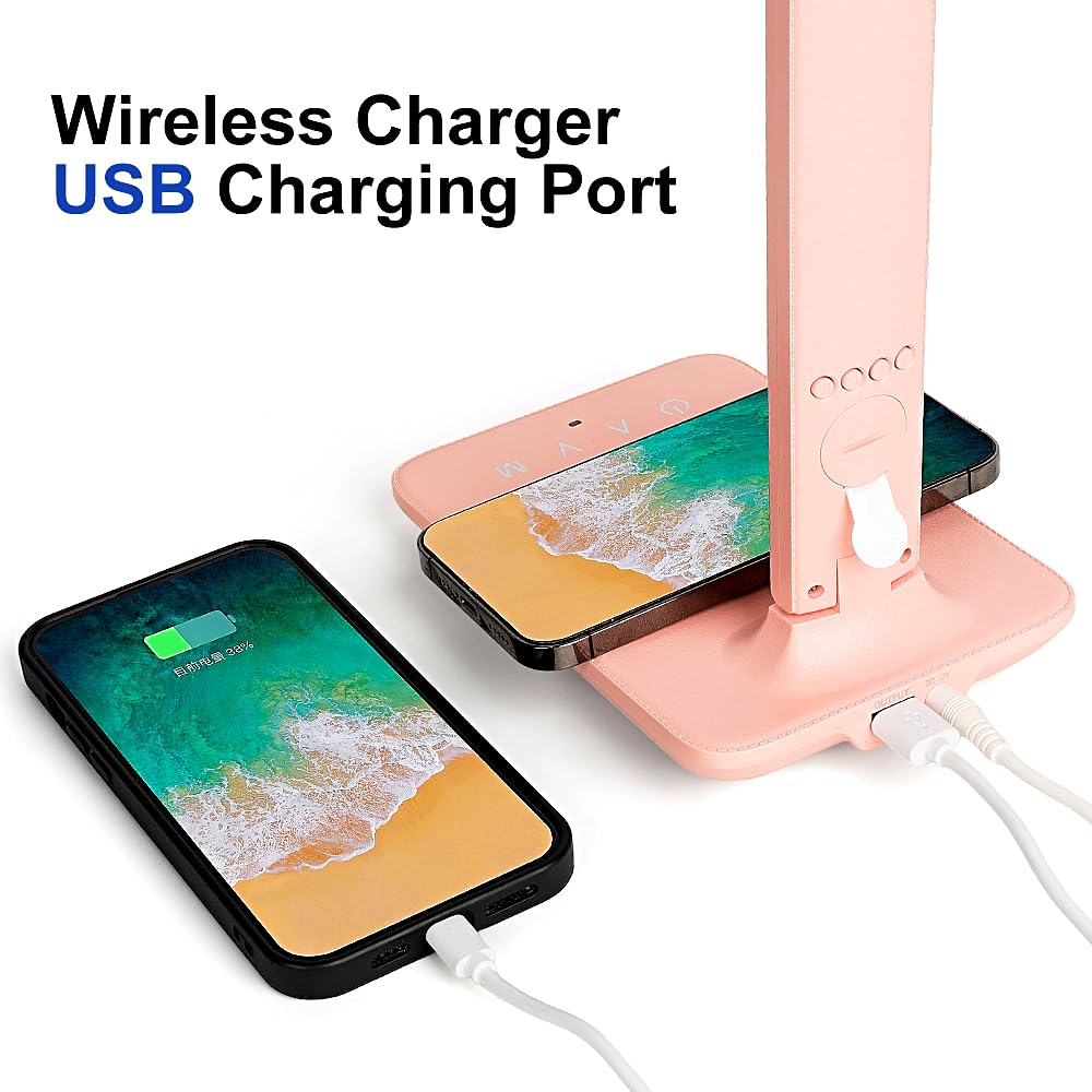 Multifunctional LED Desk Lamp with Wireless Charger,USB Charging Port,Clock,Phone Holder,Desk Lamps for Home Office,Eye-Caring Reading Lamp,Study Lamp for Boys,Girls,Teens,White