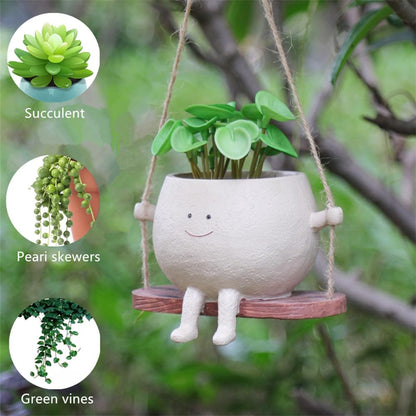 Swing Face Planter Pot - Hanging Smiley Planter for Indoor and Outdoor Plants, Succulents, String of Pearls - Cute Creative Swing Gifts for Holidays and Parties