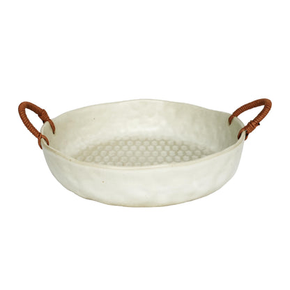 seicasaya 10" Ceramic Fruit Bowl with Woven Handles - Rustic Serving Dish with Speckled Glaze - Handcrafted Decorative Centerpiece Tray for Kitchen Counter (White, 10 Inch)