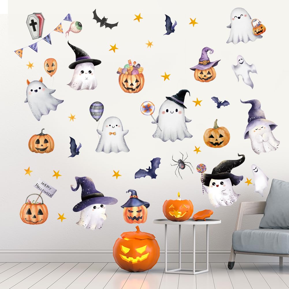 Halloween Wall Decals Cute Ghost Pumpkin Wall Stickers Halloween Party Decorations Peel and Stick Removable Vinyl Wall Art for Bedroom