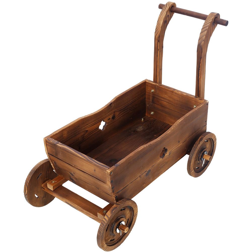 CWKISS Wooden Wagon Planter with Wheels, Rustic Fir Wood Flower Cart for Garden, Patio, Balcony & Indoor Decor, Drainage Holes, Easy Assembly, Brown