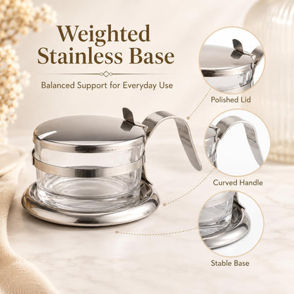 2 PCS Stainless Steel Salt Server with Spoon, Glass Salt Cellar for Countertop, Heavyweight Seasoning Jar Set with Flip Lid, Elegant Sugar Pepper Container for Home Kitchen Baking Station