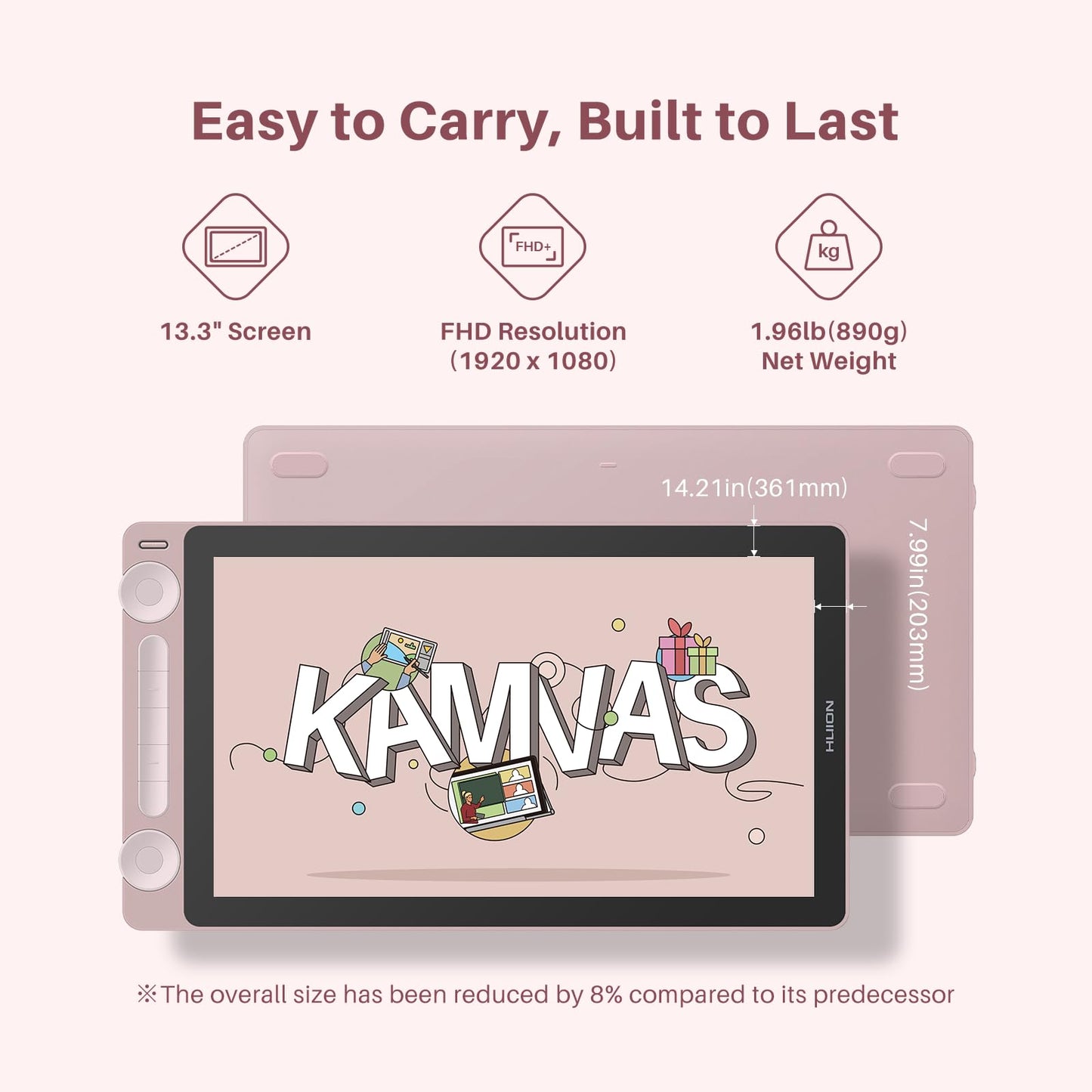 HUION Kamvas 13 (Gen 3) Drawing Tablet with Screen, 13.3" Full-Laminated Art Tablet with Anti-Sparkle Canvas Glass 2.0, 99% sRGB, PenTech 4.0, 16384 Pen Pressure, Dual Dial for PC, Mac, Android, Pink