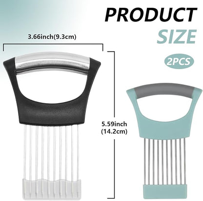 2 PCS Onion Holder for Slicing, Stainless Steel Vegetable Fruit Cutter Chopper, Multi-use Kitchen Slicer Assistant Tool for Onion Tomato Avocado Potato Egg Lemon Meat, Blue & Black