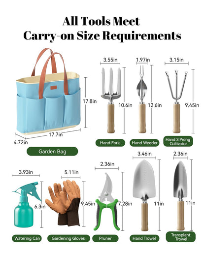 VerdantVibes 9-Piece Garden Tool Set - Heavy Duty Gardening Hand Tools with Ergonomic Non-Slip Grips, Rust-Resistant Shovel, Trowel, Rake, Pruner & Storage Bag - Ideal Gardening Gifts for Women