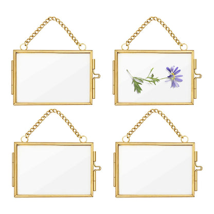4Pcs Double Glass Frame for Pressed Flowers, 2x3 inch Picture Frame Mini Brass Wall Hanging Photo Floating Frame with Chain for Plant Specimen Artwork Display Home Wall Decor (Gold, Horizontal)
