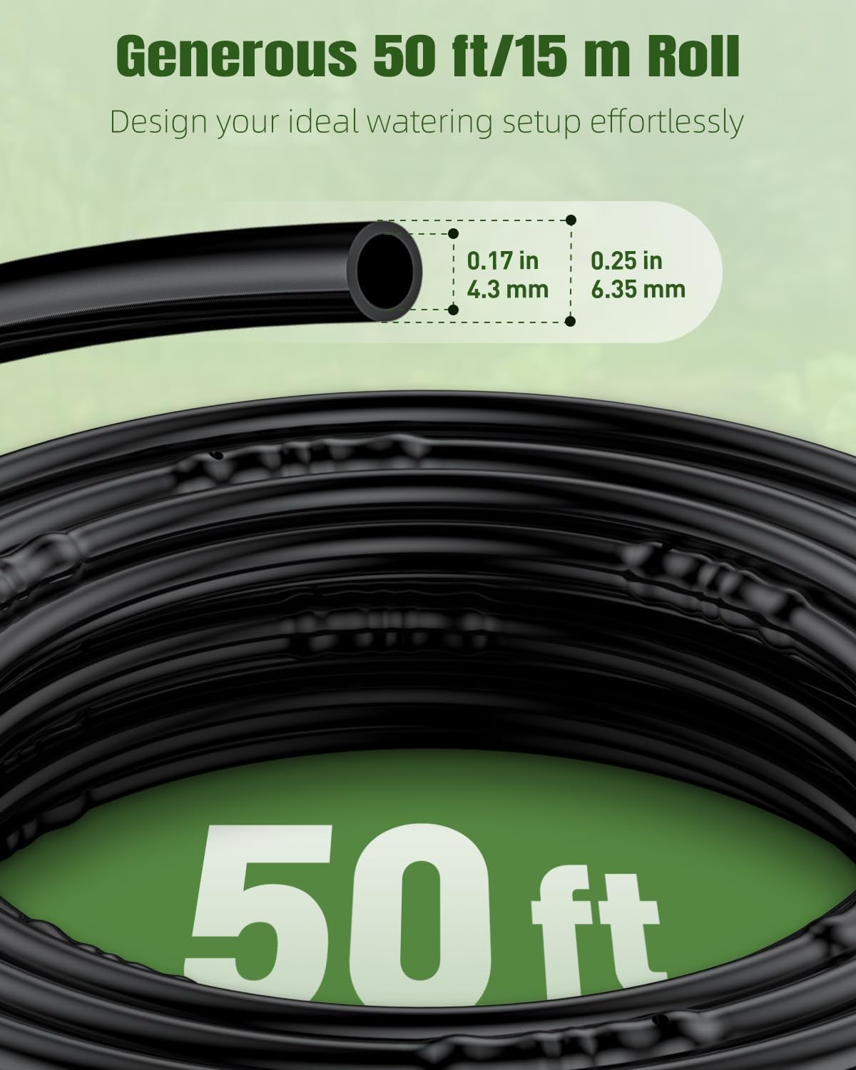 Pawfly 50 ft. 1/4" PE Irrigation Dripline Tubing, Black Polyethylene Distribution Line, Quick-Connect Compatible Drip Hose for Small Garden & Potted Plants