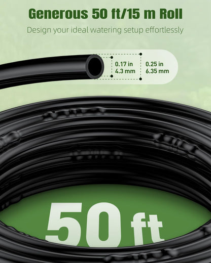 Pawfly 50 ft. 1/4" PE Irrigation Dripline Tubing, Black Polyethylene Distribution Line, Quick-Connect Compatible Drip Hose for Small Garden & Potted Plants