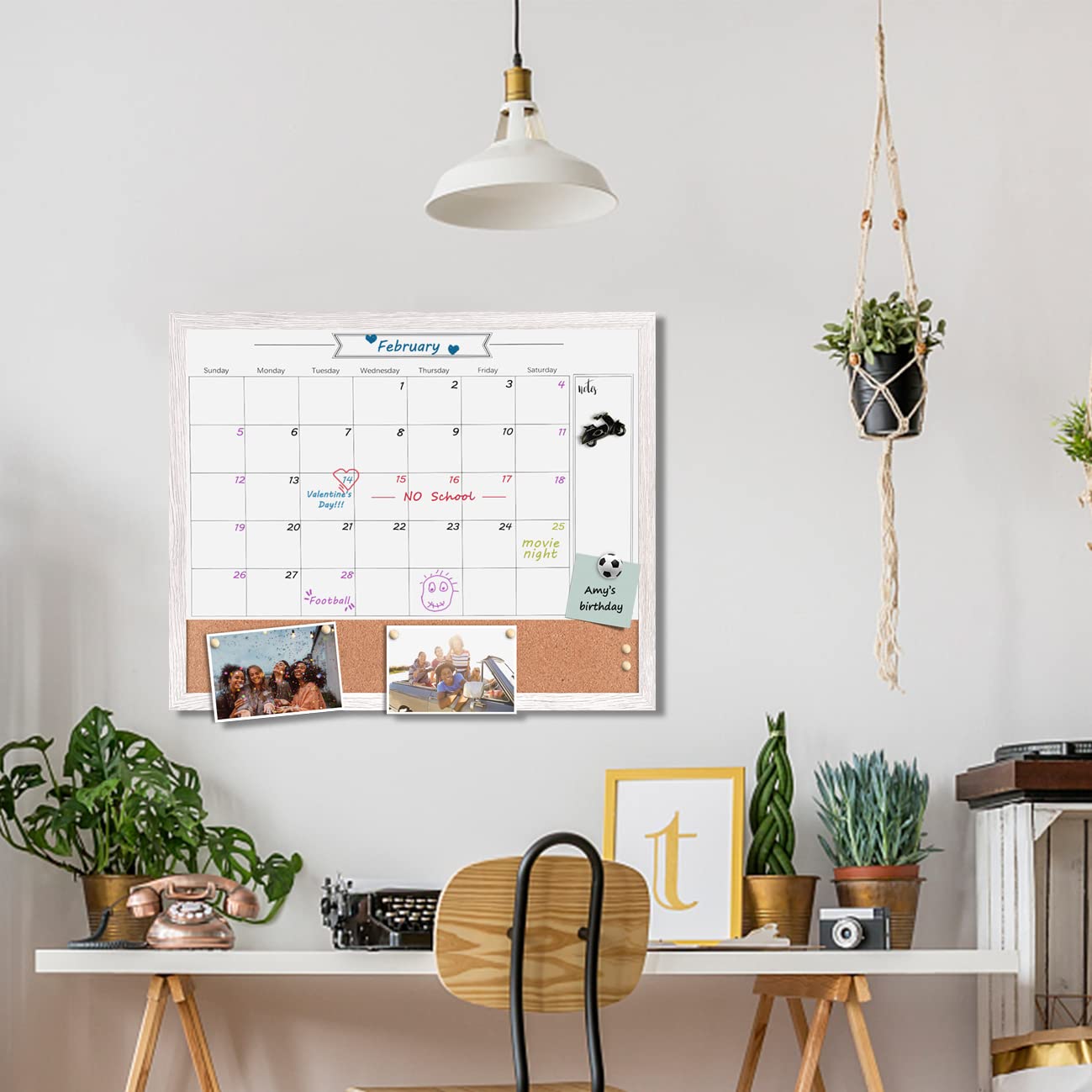 Dry Erase Calendar Whiteboard for Wall, Combination Magnetic Dry Erase White Board & Bulletin Board, 17.7" x 21.6" White Wood Framed Calendar/Cork Combo Board(WH-4555)