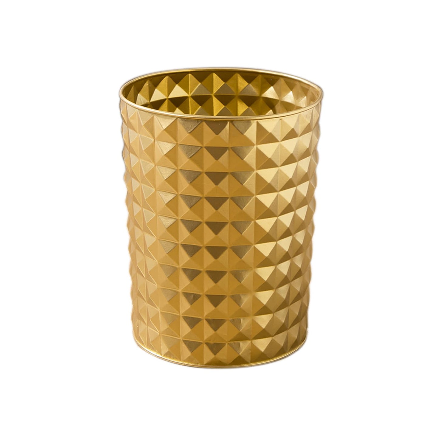 Venalys Small Round Metal Trash Can Wastebasket, Decorative Diamond Pattern Garbage Can Waste Paper Bin, Modern Farmhouse Round Trash Bin for Bathroom, Bedroom, Kitchen and Office (Gold)