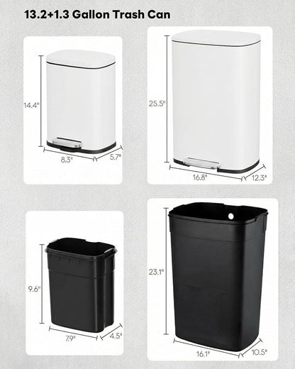 ComfyCorner 13.2+1.3 Gallon Trash Can Combo Set, Stainless Steel Garbage Bin with Pedal, Removable Inner Waste Bucket, Anti-Fingerprint, Soft-Close Locking Lid Dustbin for Kitchen, Bathroom, Office