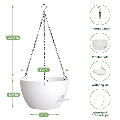 AHJZO 2 Pack 12 Hanging Flower Pots with Chains - Self Watering Plastic Planters for Indoor & Outdoor Plants, Sturdy Triangular Iron Chain Design for Garden PorchPlastic Hanging Flower pots (White)