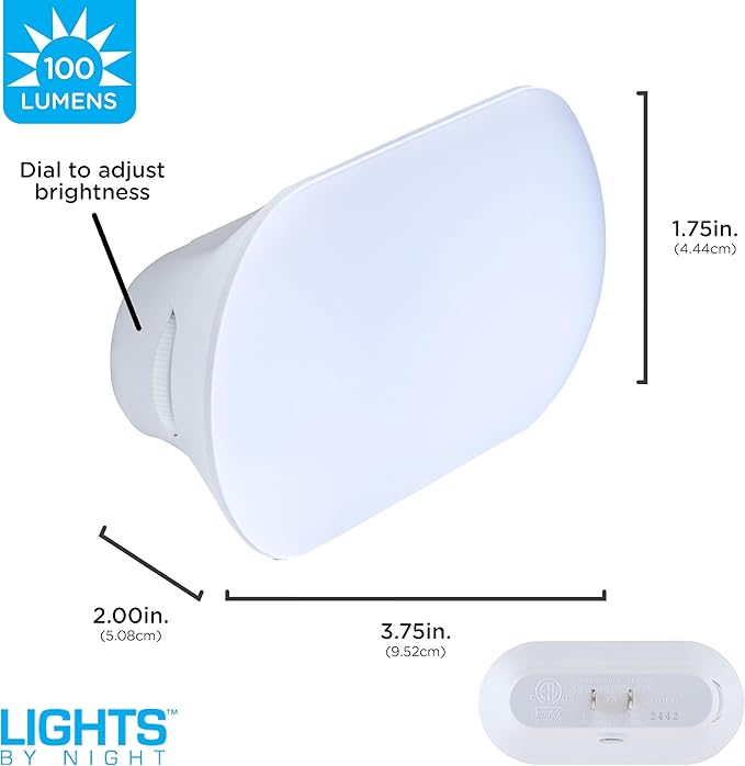 Lights By Night Bright LED Night Light Plugs Into Wall with Dusk to Dawn Sensor, Adjustable & Dimmable Up to 100 Lumens, Compact Nightlight for Bedroom Bathroom Hallway Kitchen Nursery, 2-Pack