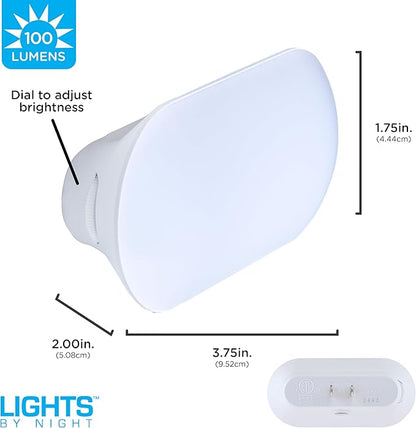 Lights By Night Bright LED Night Light Plugs Into Wall with Dusk to Dawn Sensor, Adjustable & Dimmable Up to 100 Lumens, Compact Nightlight for Bedroom Bathroom Hallway Kitchen Nursery, 2-Pack