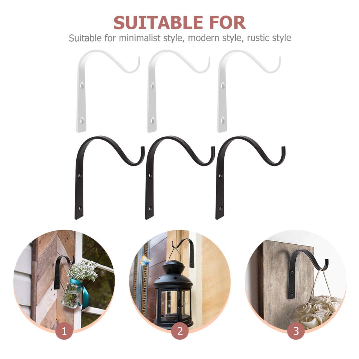 PHENOFICE 6pcs Wall-Mounted Wrought Iron Flower Basket Hooks for Outdoor Plant Hanging Heavy Duty Bracket Holders for Bird Feeders and Flower Pots