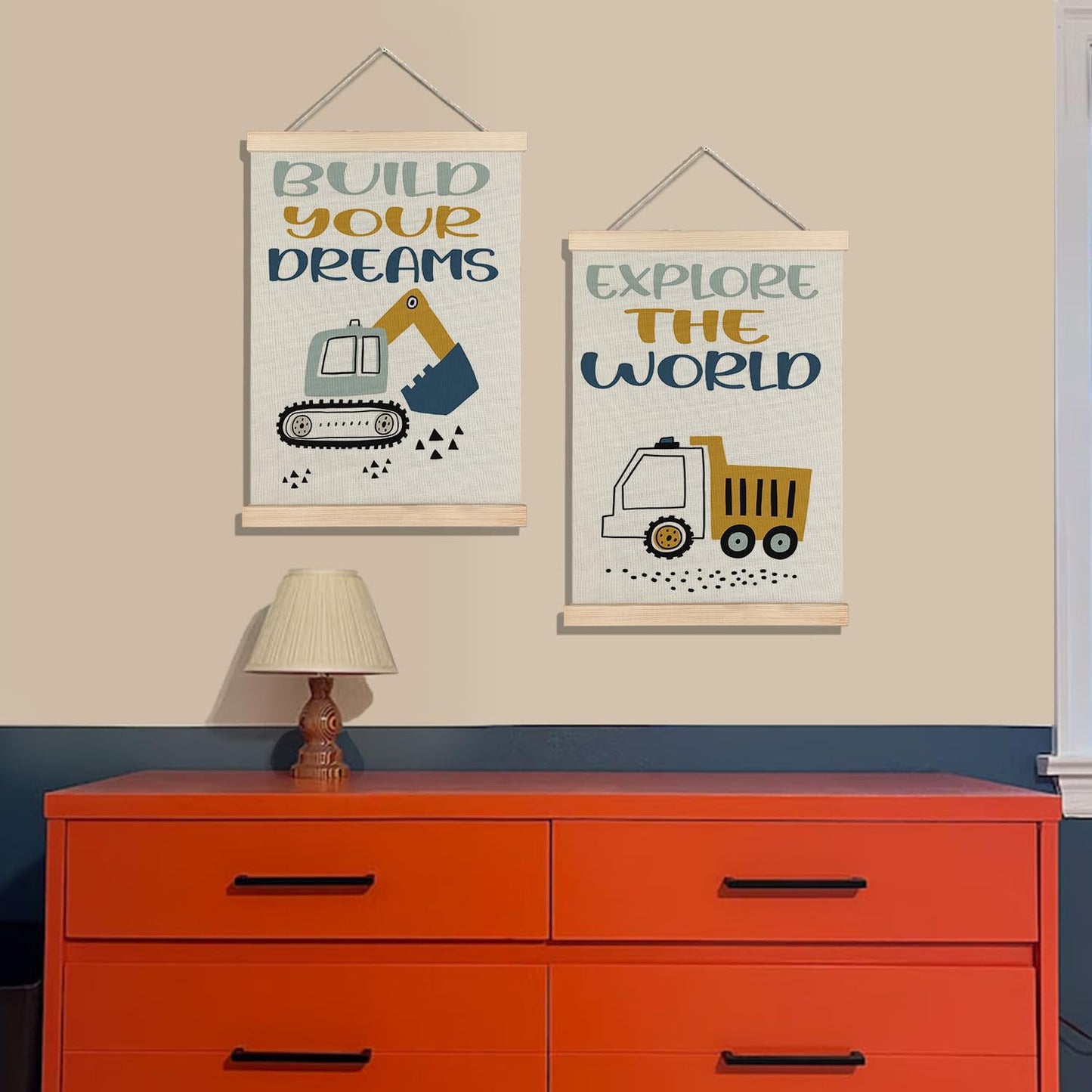 BearCake Construction Decor for Boys Room, Cartoon Excavator Truck Wall Art Poster Hanger Frame, Construction Canvas Prints Framed Wall Decor for Toddler Boy Room Playroom Nursery, 12x16 Inch Set of 2
