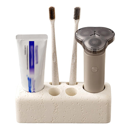 Haocoott Toothbrush Holder with 6 Slots, Bathroom Electric Toothbrush and Toothpaste Holder Set, Bathroom Organizer for Countertop, Shower, Vanity, Travertine Stone Look, Off-White