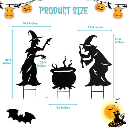 Halloween Witch Yard Decorations Witch Silhouette Yard Stakes with Cauldron,Set of 3 Metal Halloween Yard Stakes for Spooky Decorations Garden Lawn
