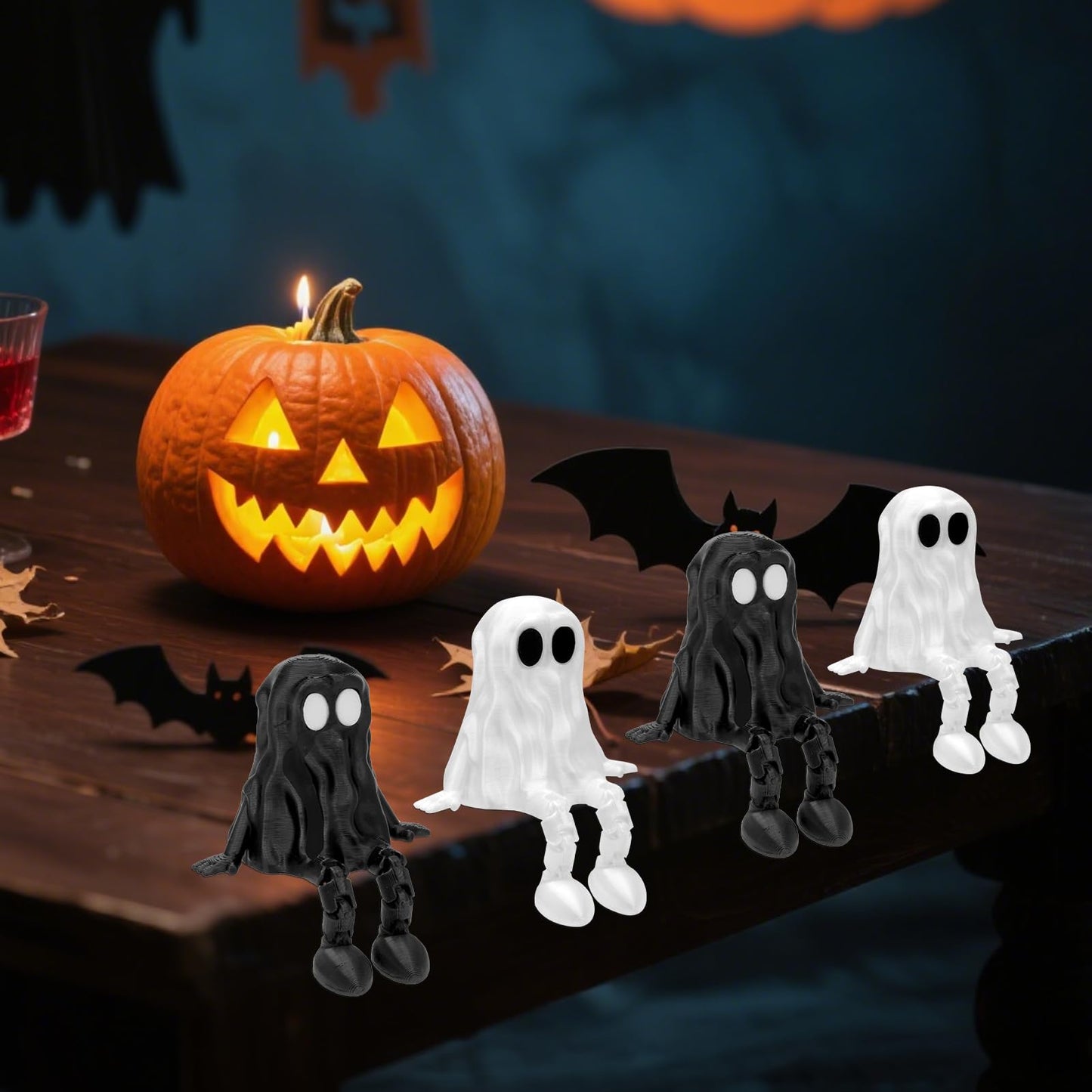 Aqzaxora 4Pcs Halloween Decorations,Ghost Decor Shelf Sitter Decorations, Outdoor,3D Printed Resin Statue, Joint Movable Figurines Bookshelf/Desk Centerpiece Shelf & Mantel Display for Halloween