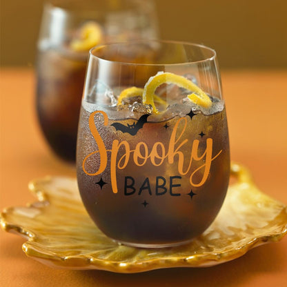 DYJYBMY Spooky Babe Halloween Stemless Wine Glass With Gifts Box, Funny Thanksgiving Halloween Gifts For Confidante Family Bestie Coworkers Men Women Friends, Clear Stemless Wine Tumbler For Couple